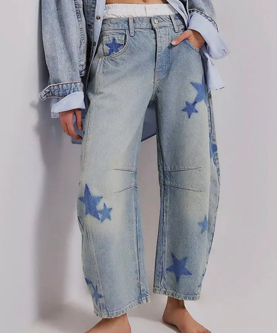 Love Star Print Loose Midi Waist Jeans - Blue Sky Fashions & Lingerie