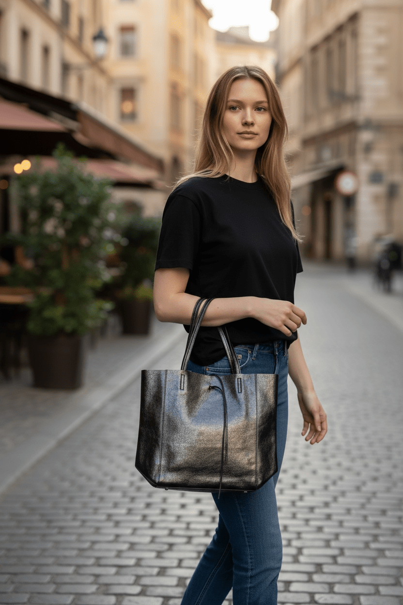 Metallic Leather Bucket Bag - Black - Blue Sky Fashions & Lingerie