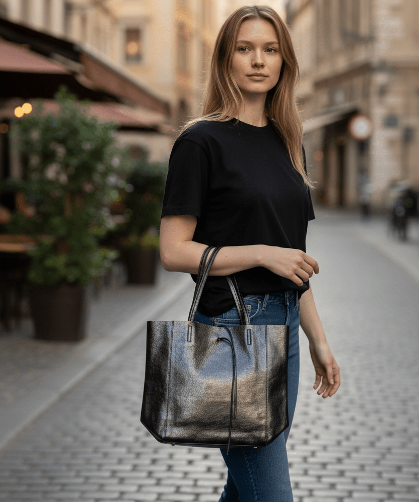 Metallic Leather Bucket Bag - Black - Blue Sky Fashions & Lingerie