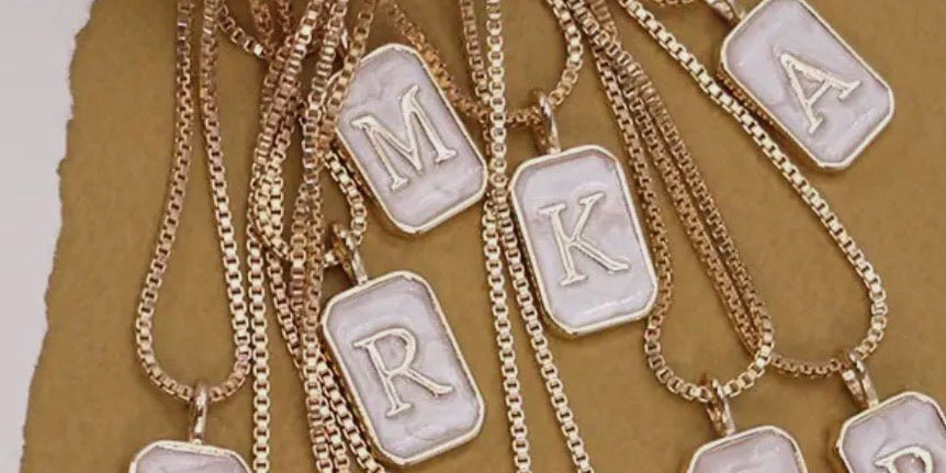 Monogram Initial Rectangle Pearly Charm Necklace - Blue Sky Fashions &amp; Lingerie