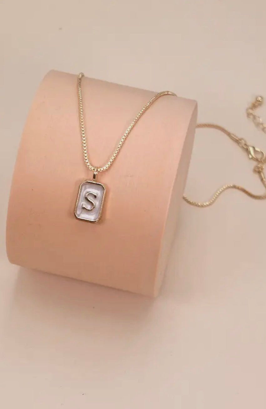 Monogram Initial Rectangle Pearly Charm Necklace - Blue Sky Fashions & Lingerie