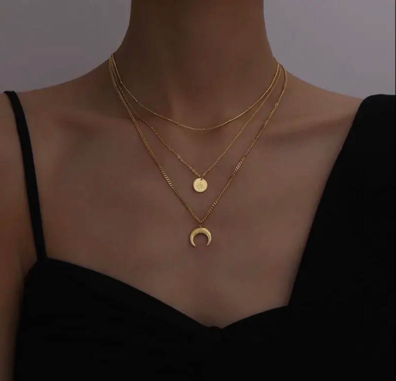 Moon Three Layer 18K Gold Plated Layer Necklace - Blue Sky Fashions & Lingerie