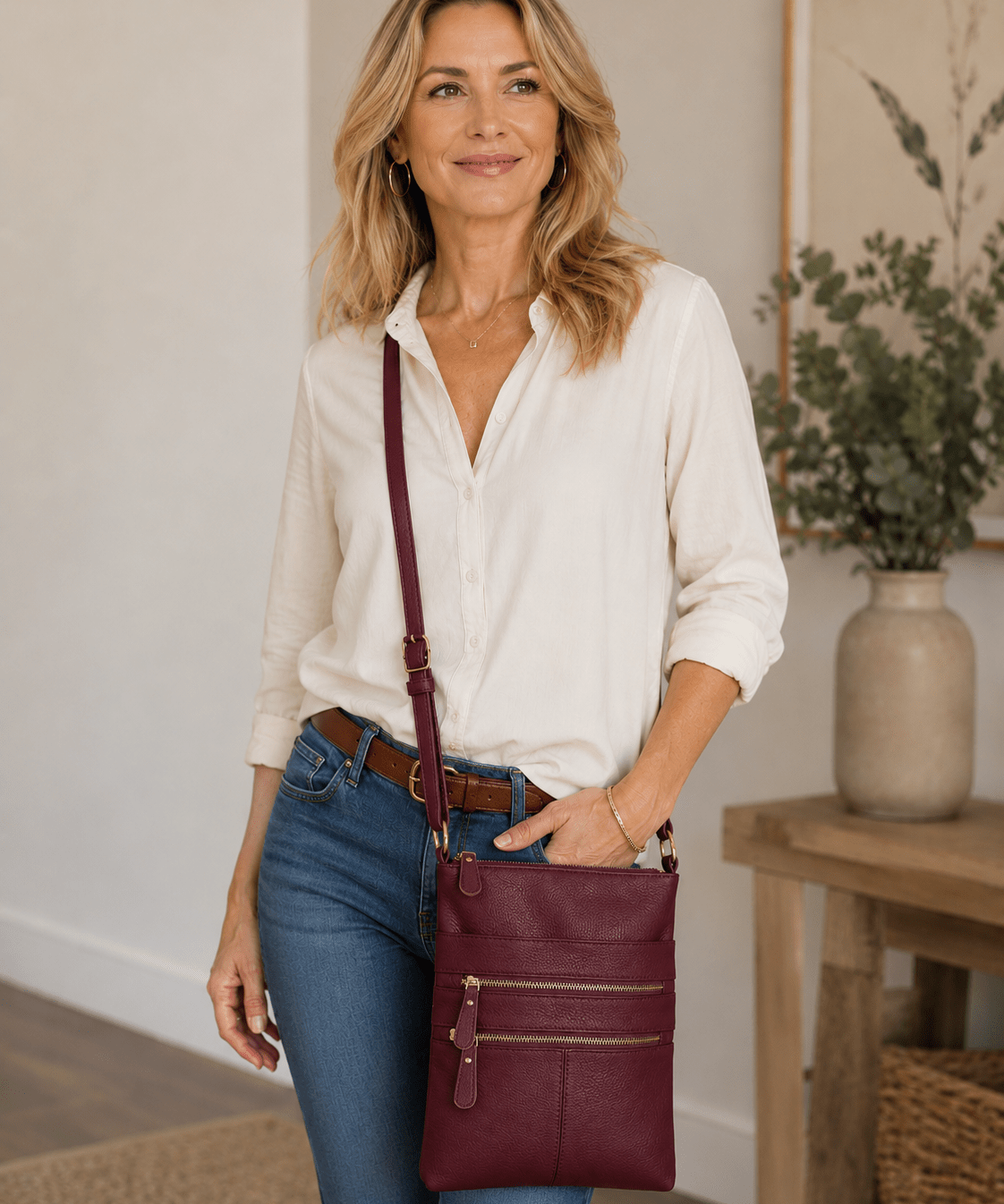 Multi Zipper Leather Crossbody RM025 - Wine - Blue Sky Fashions & Lingerie