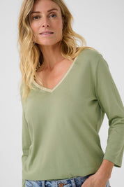 Naia Glitter V - neck 3/4 sleeve T-shirt by Cream - Tea - Blue Sky Fashions & Lingerie