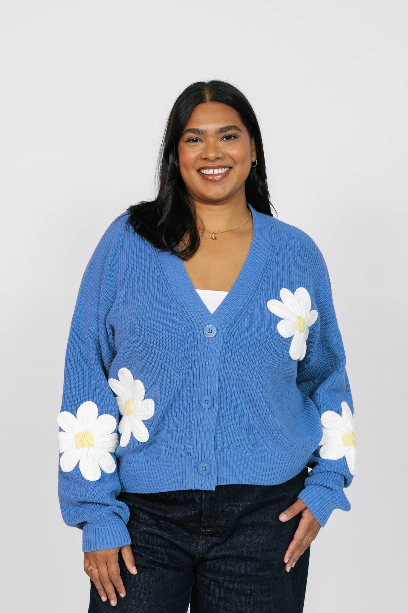 NORA DAISY CARDIGAN IN BLUE/IVORY - Blue Sky Fashions & Lingerie