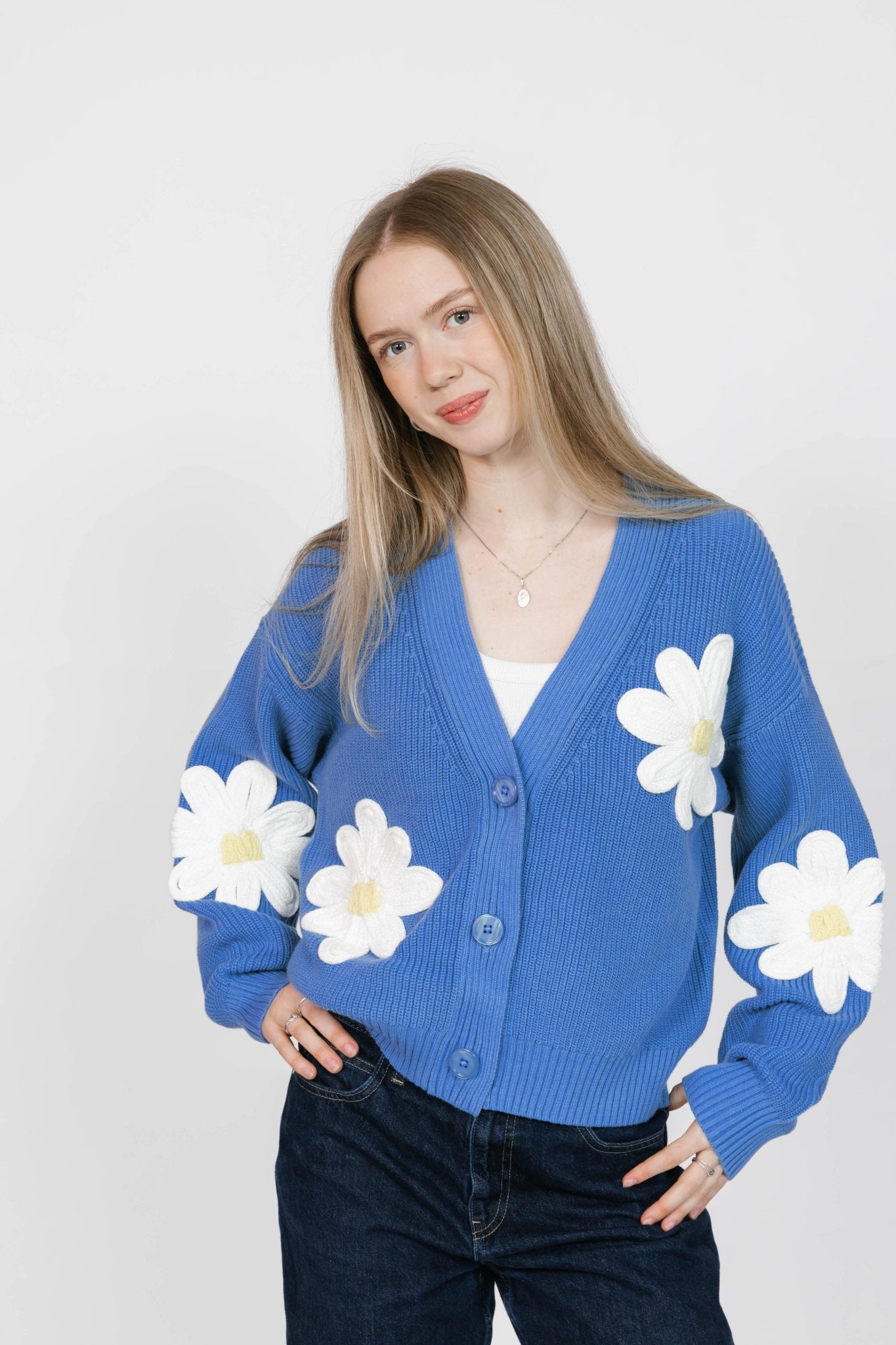 NORA DAISY CARDIGAN IN BLUE/IVORY - Blue Sky Fashions & Lingerie