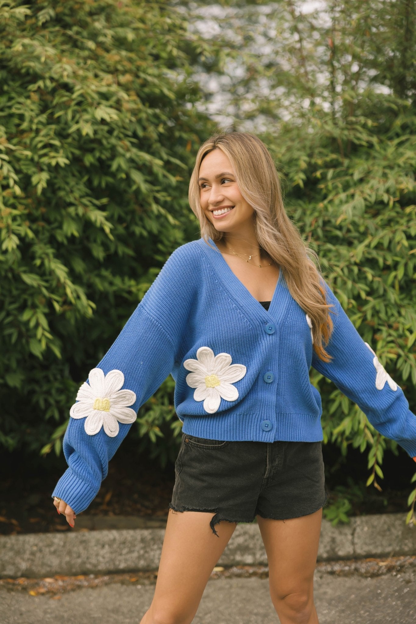 NORA DAISY CARDIGAN IN BLUE/IVORY - Blue Sky Fashions & Lingerie