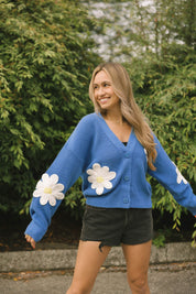 NORA DAISY CARDIGAN IN BLUE/IVORY - Blue Sky Fashions & Lingerie