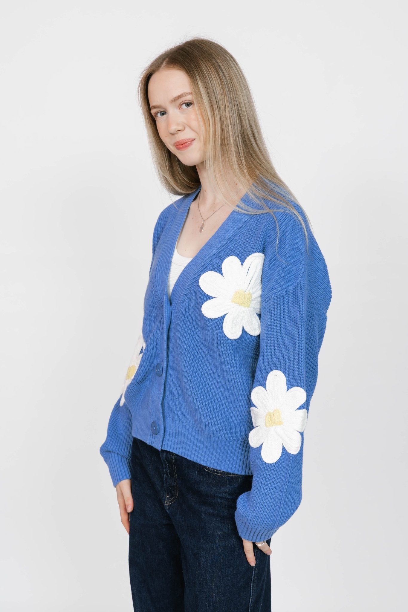 NORA DAISY CARDIGAN IN BLUE/IVORY - Blue Sky Fashions & Lingerie