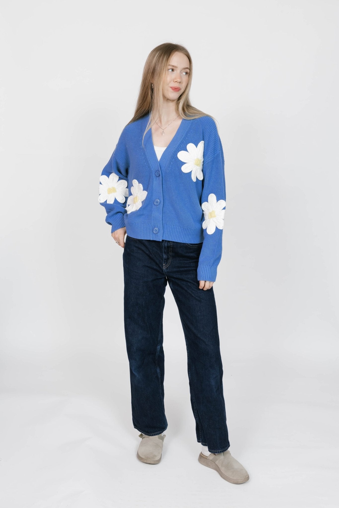 NORA DAISY CARDIGAN IN BLUE/IVORY - Blue Sky Fashions & Lingerie