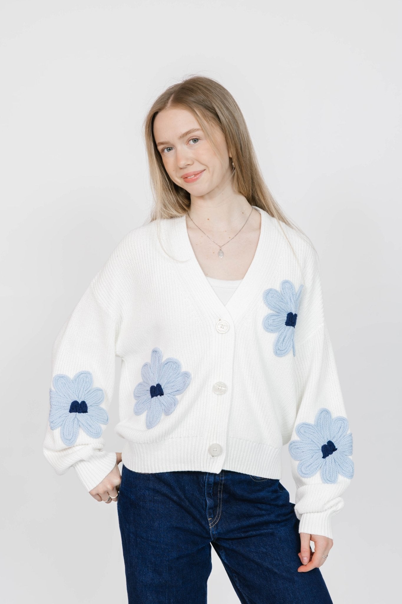 NORA DAISY CARDIGAN IN IVORY/BLUE - Blue Sky Fashions & Lingerie
