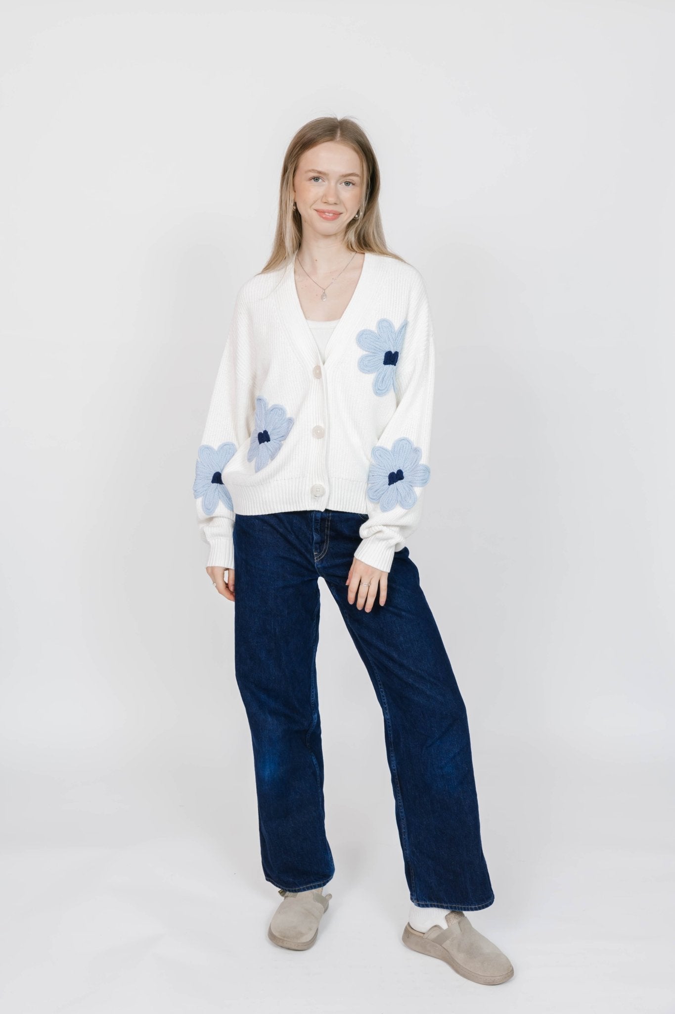 NORA DAISY CARDIGAN IN IVORY/BLUE - Blue Sky Fashions & Lingerie