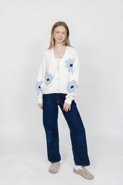NORA DAISY CARDIGAN IN IVORY/BLUE - Blue Sky Fashions & Lingerie
