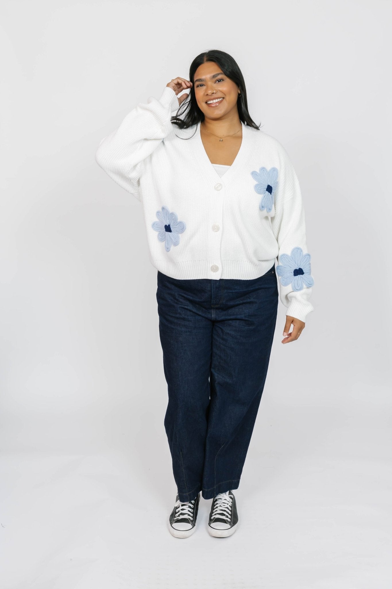 NORA DAISY CARDIGAN IN IVORY/BLUE - Blue Sky Fashions & Lingerie