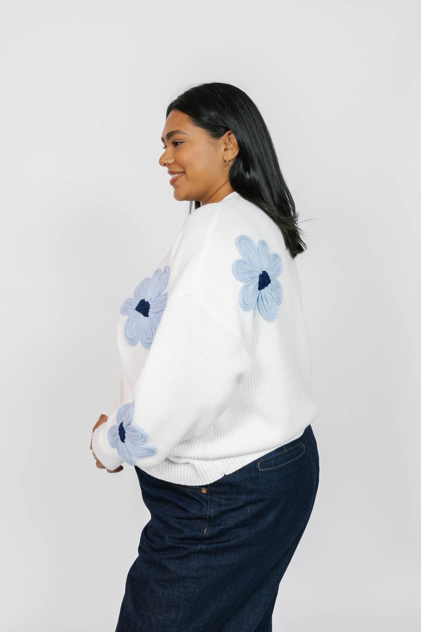 NORA DAISY CARDIGAN IN IVORY/BLUE - Blue Sky Fashions & Lingerie