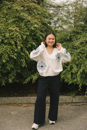 NORA DAISY CARDIGAN IN IVORY/BLUE - Blue Sky Fashions & Lingerie