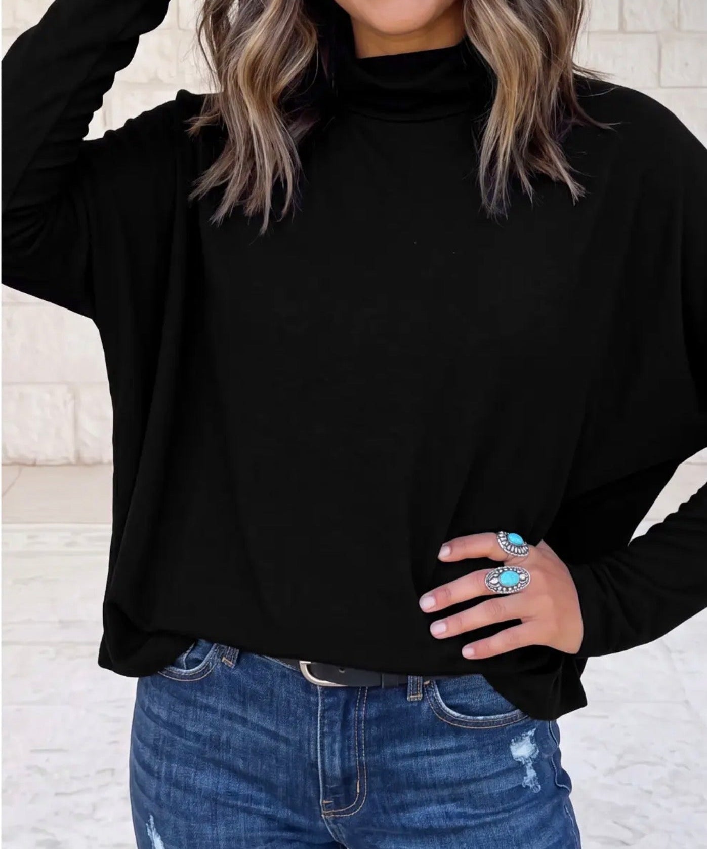 Oversized Mock Neck Long Sleeve Lightweight Layering Sweater - Black - Blue Sky Fashions & Lingerie