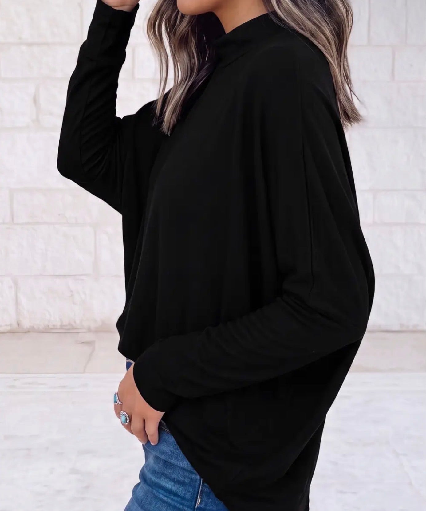 Oversized Mock Neck Long Sleeve Lightweight Layering Sweater - Black - Blue Sky Fashions & Lingerie
