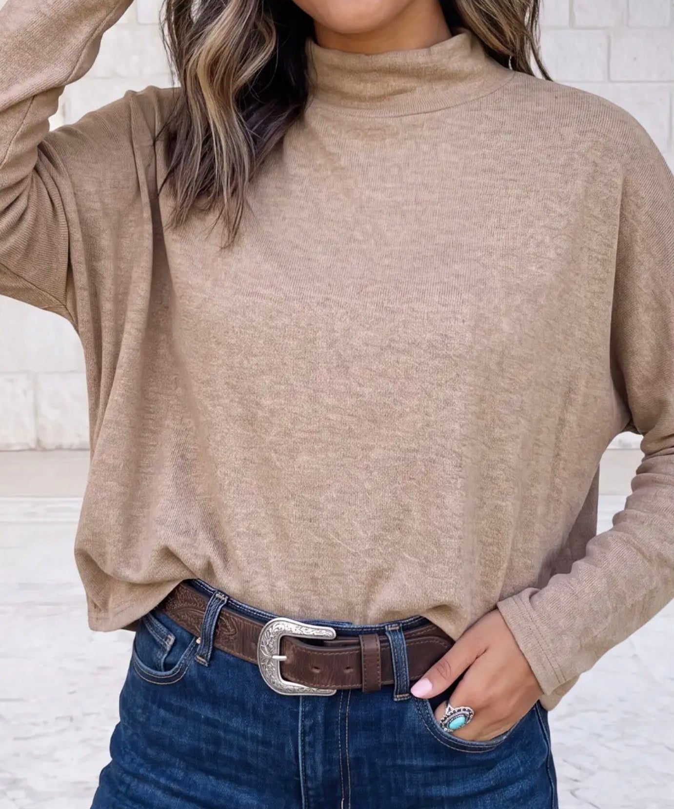 Oversized Mock Neck Long Sleeve Lightweight Layering Sweater - Taupe - Blue Sky Fashions & Lingerie