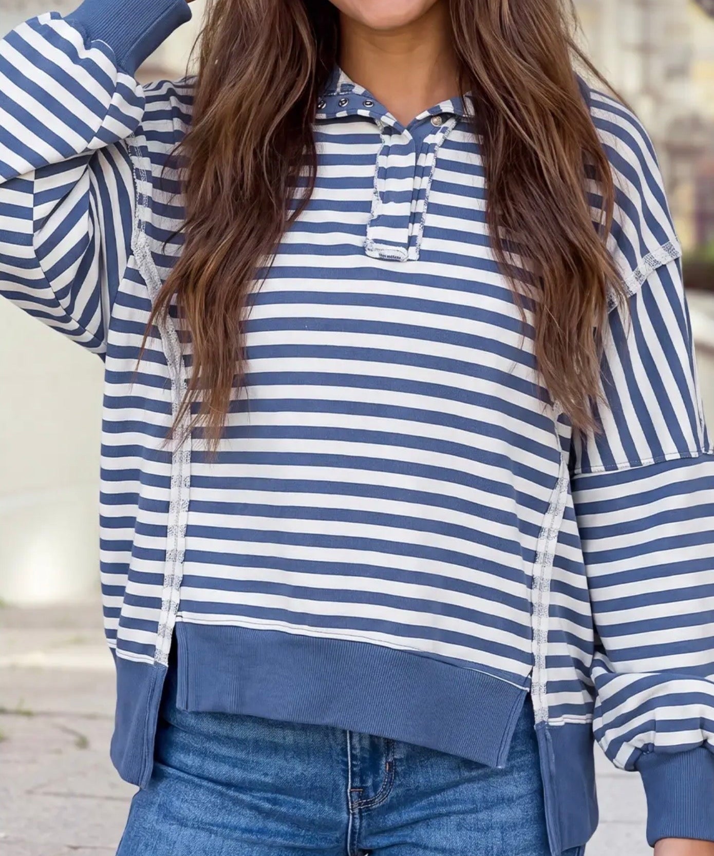 Oversized Stripe Collar Half Button Long Sleeve Striped Sweatshirt - Blue Sky Fashions & Lingerie