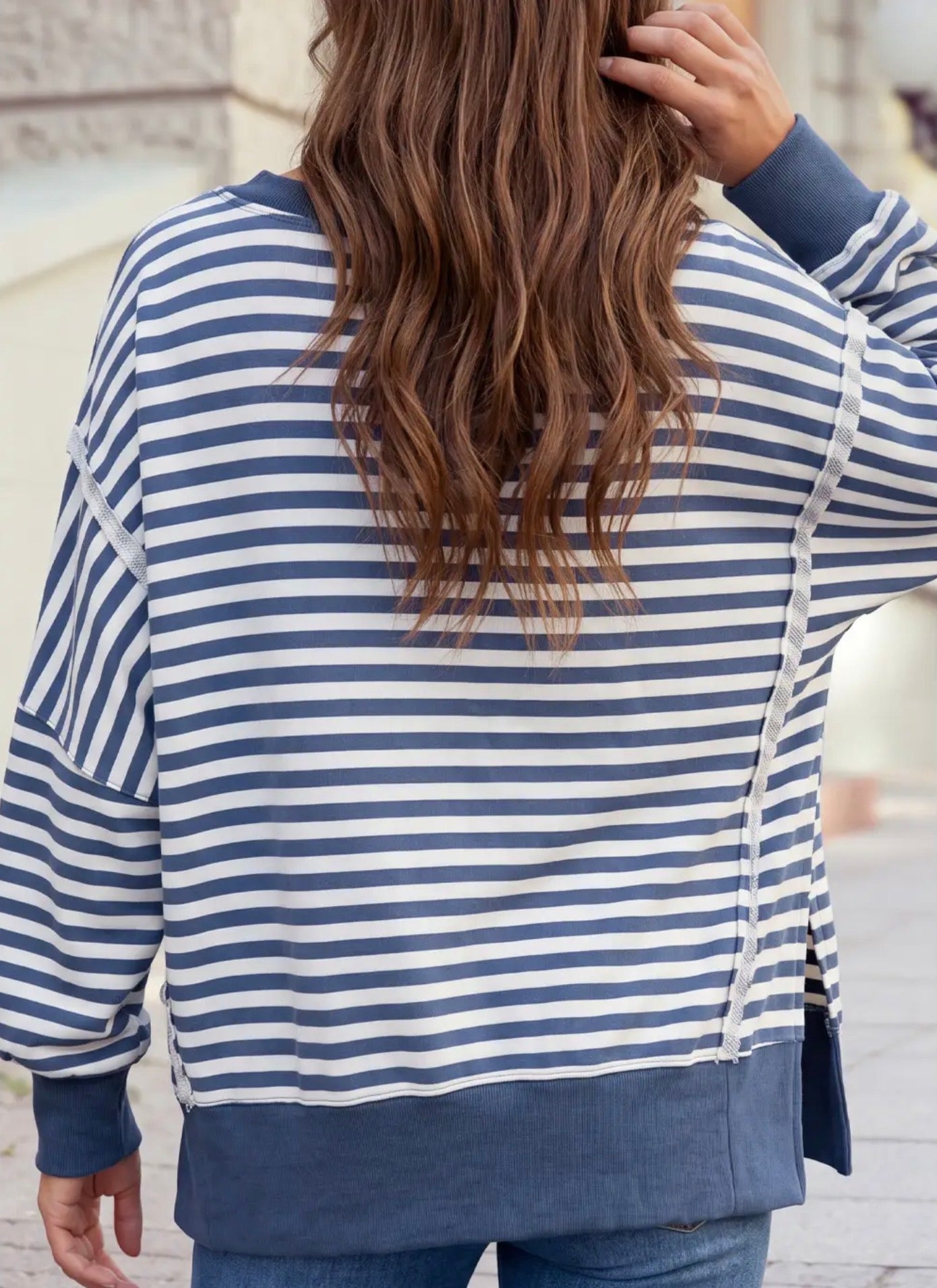 Oversized Stripe Collar Half Button Long Sleeve Striped Sweatshirt - Blue Sky Fashions & Lingerie
