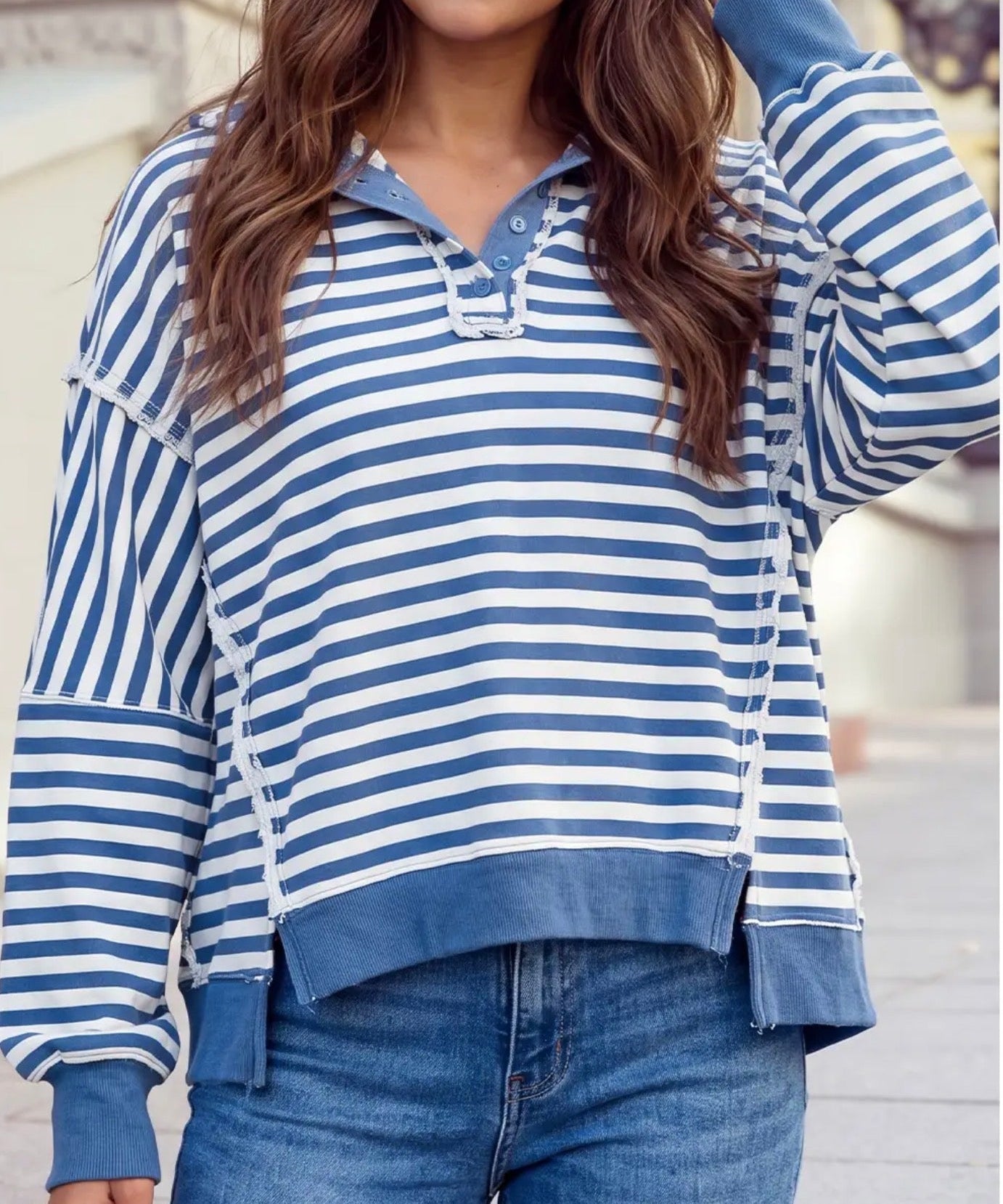 Oversized Stripe Collar Half Button Long Sleeve Striped Sweatshirt - Blue Sky Fashions & Lingerie