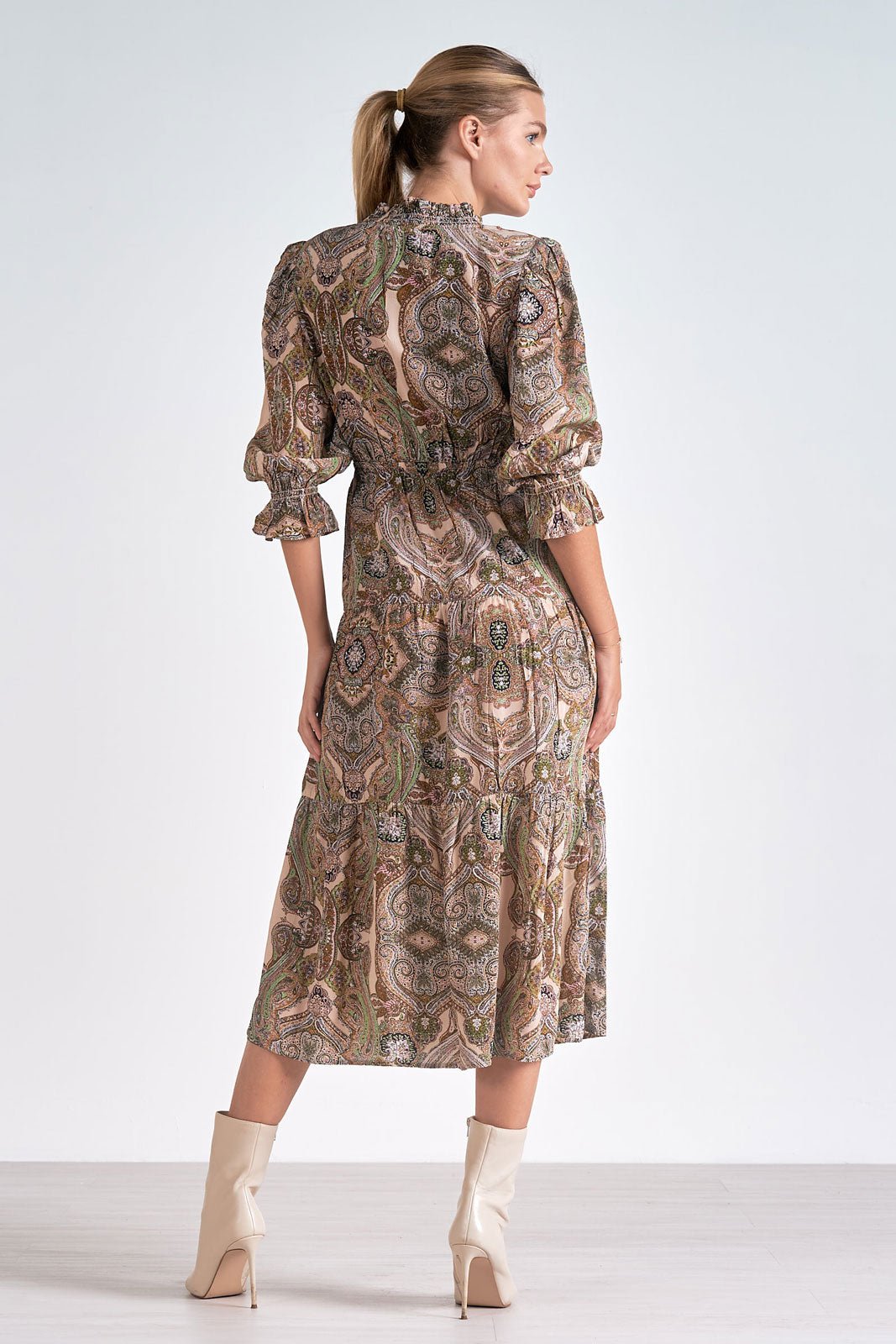 Paisley Midi Dress by Elan - Beige Paisley - Blue Sky Fashions & Lingerie