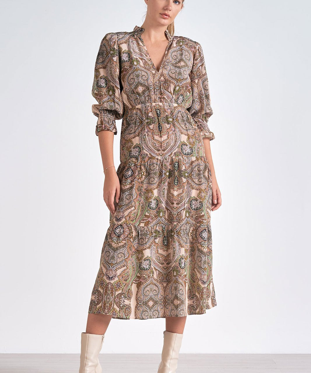 Paisley Midi Dress by Elan - Beige Paisley - Blue Sky Fashions & Lingerie