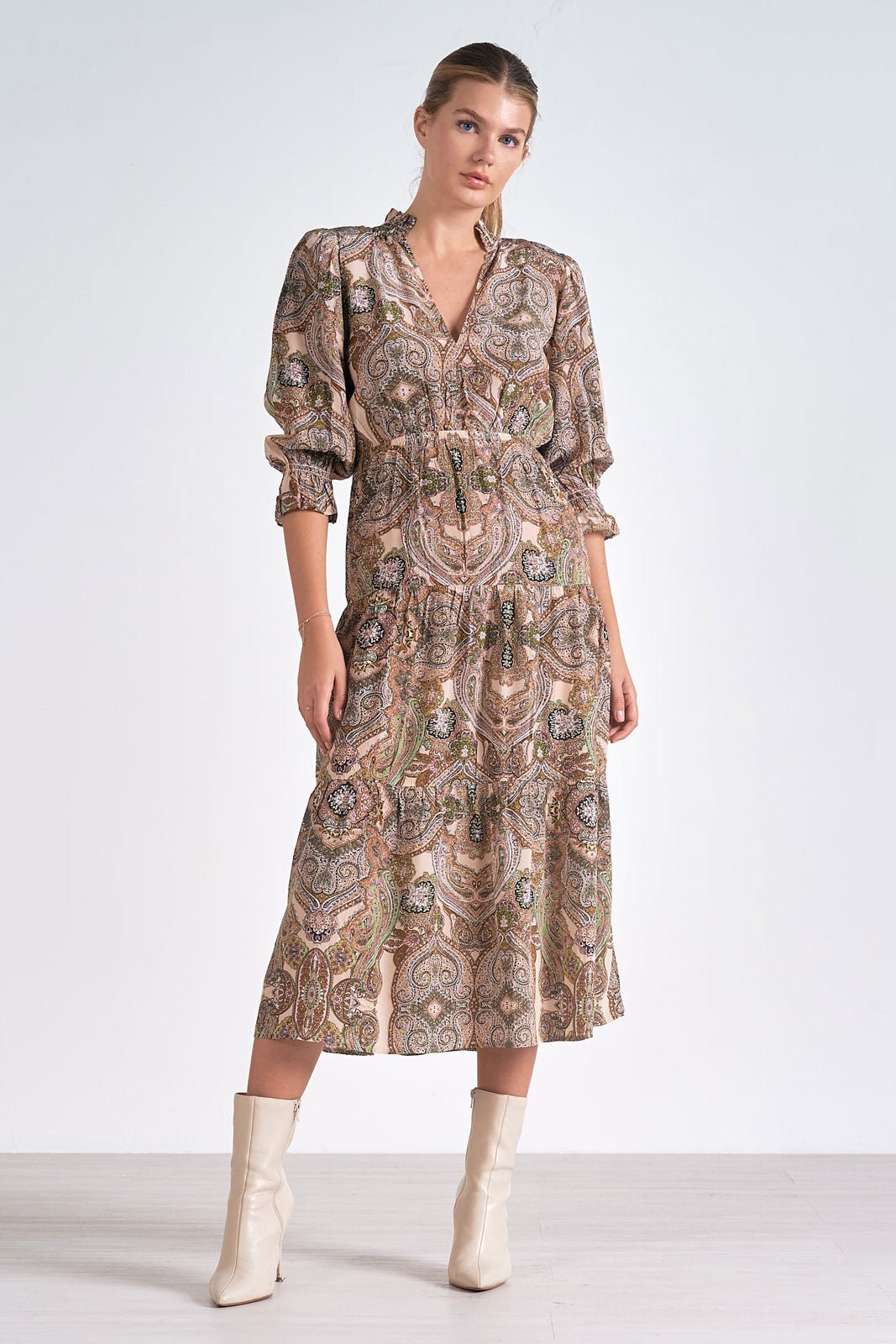 Paisley Midi Dress by Elan - Beige Paisley - Blue Sky Fashions & Lingerie