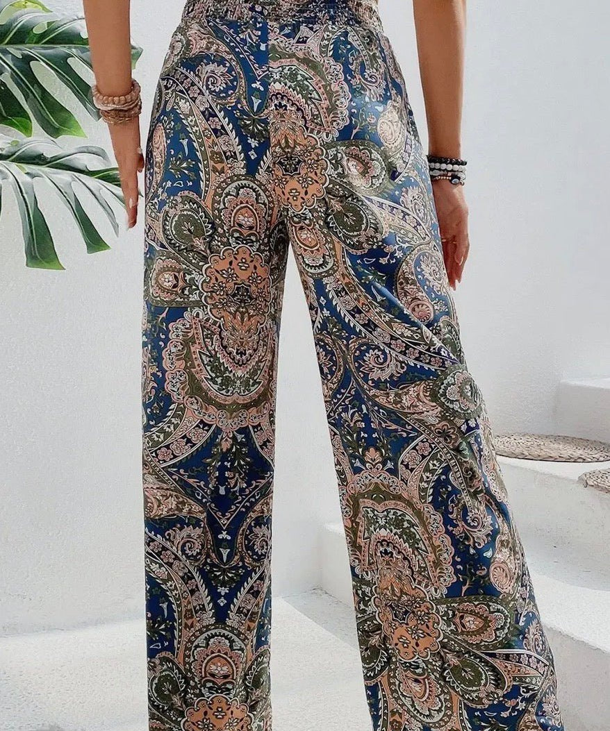 Paisley Print Boho Elastic Waist Wide Leg Pants - Blue - Blue Sky Fashions & Lingerie
