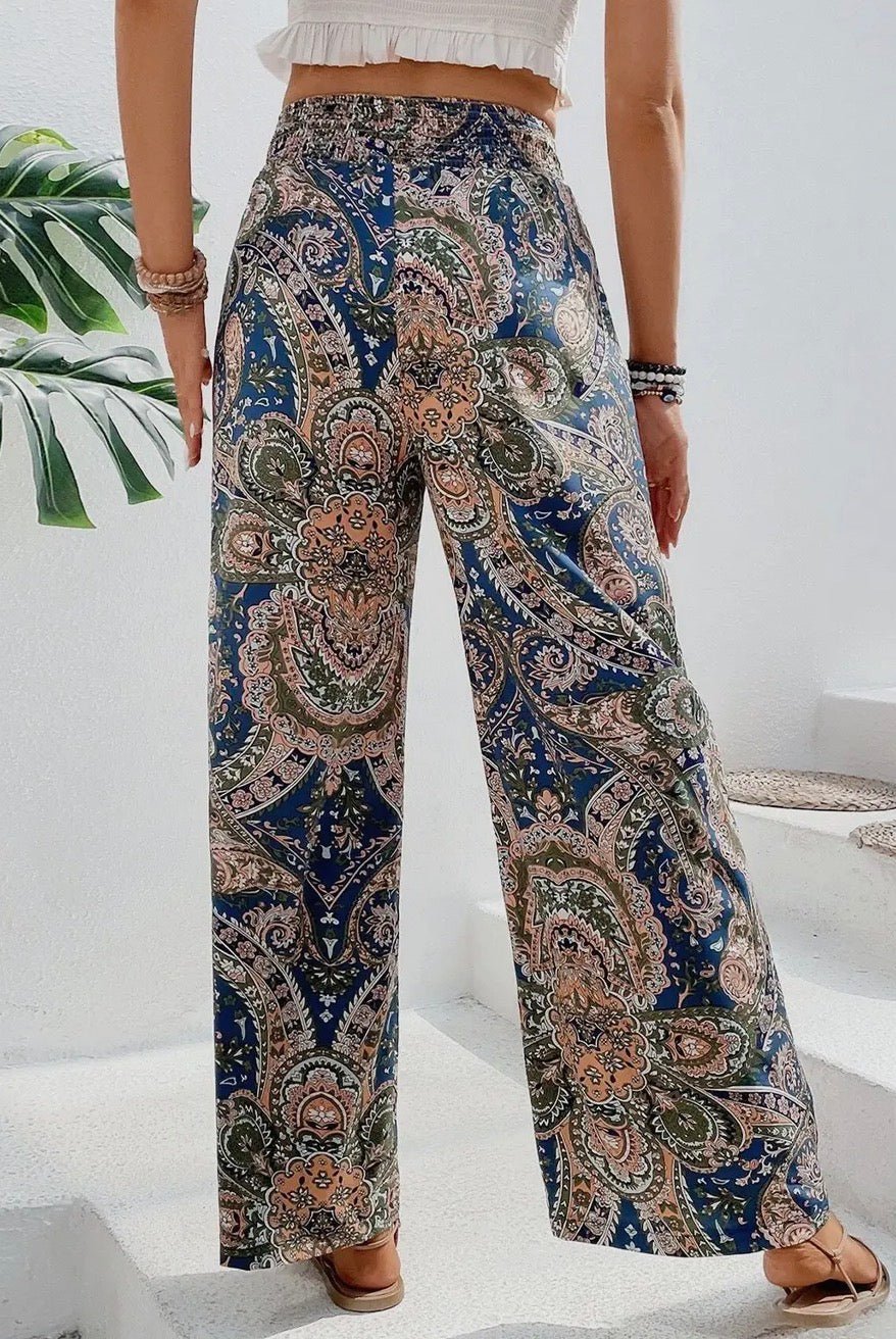 Paisley Print Boho Elastic Waist Wide Leg Pants - Blue - Blue Sky Fashions & Lingerie