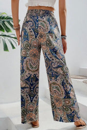 Paisley Print Boho Elastic Waist Wide Leg Pants - Blue - Blue Sky Fashions & Lingerie