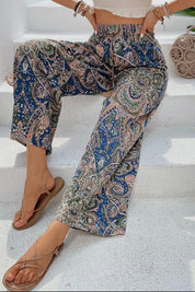 Paisley Print Boho Elastic Waist Wide Leg Pants - Blue - Blue Sky Fashions & Lingerie