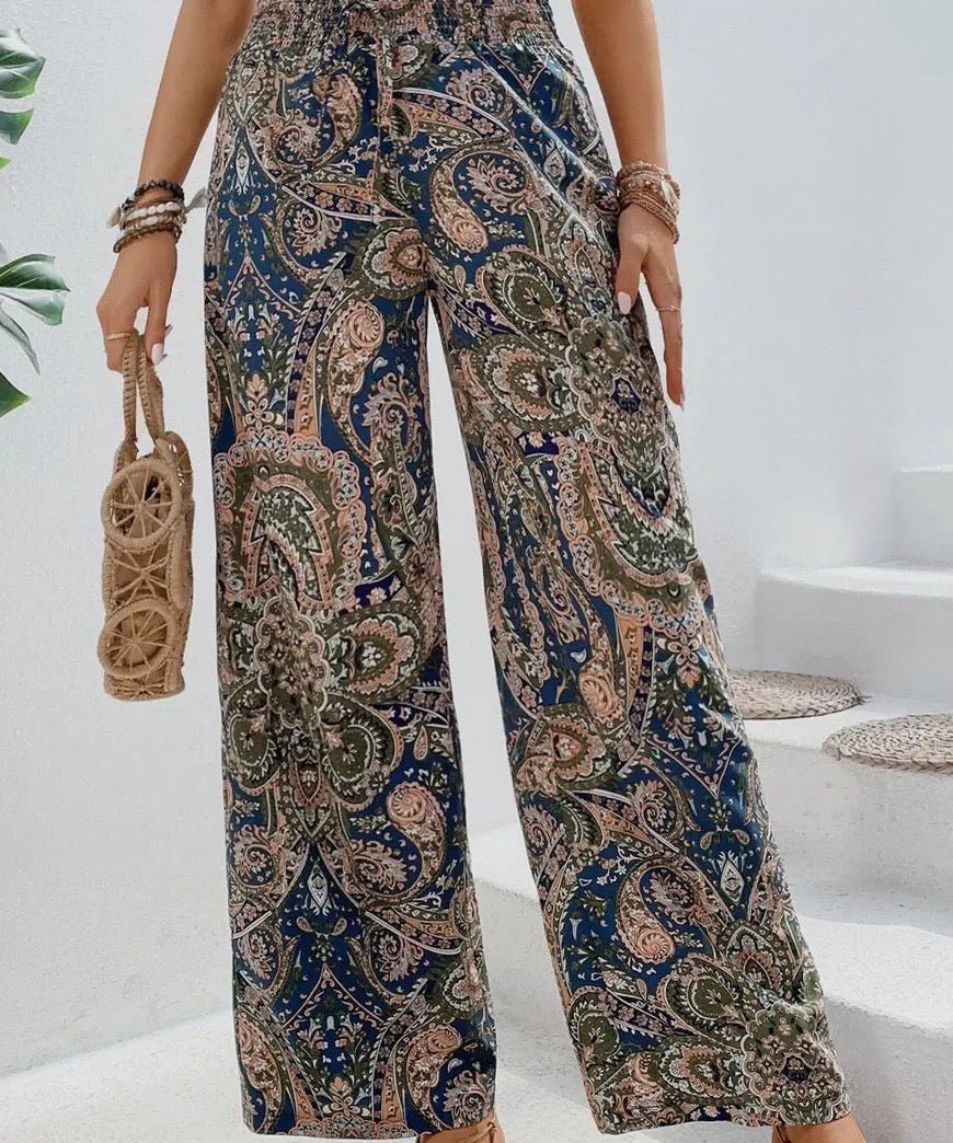 Paisley Print Boho Elastic Waist Wide Leg Pants - Blue - Blue Sky Fashions & Lingerie