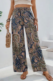 Paisley Print Boho Elastic Waist Wide Leg Pants - Blue - Blue Sky Fashions & Lingerie