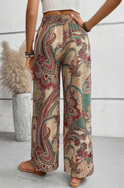 Paisley Print Boho Elastic Waist Wide Leg Pants - Khaki - Blue Sky Fashions & Lingerie