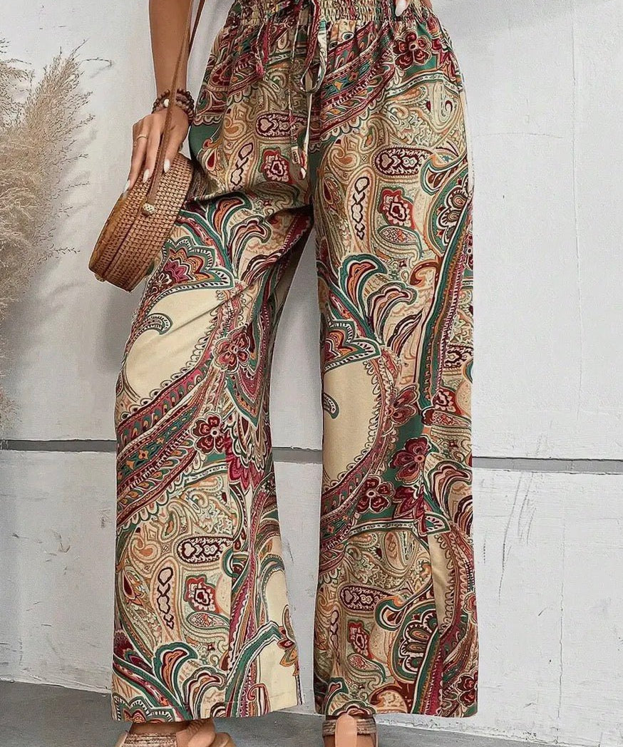 Paisley Print Boho Elastic Waist Wide Leg Pants - Khaki - Blue Sky Fashions & Lingerie