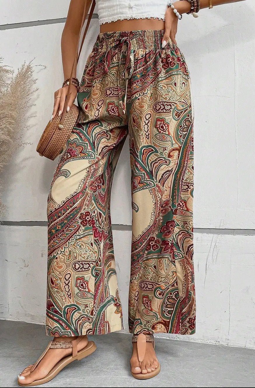 Paisley Print Boho Elastic Waist Wide Leg Pants - Khaki - Blue Sky Fashions & Lingerie
