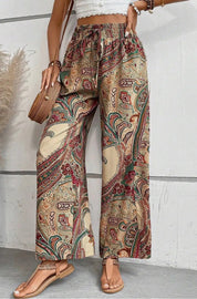 Paisley Print Boho Elastic Waist Wide Leg Pants - Khaki - Blue Sky Fashions & Lingerie