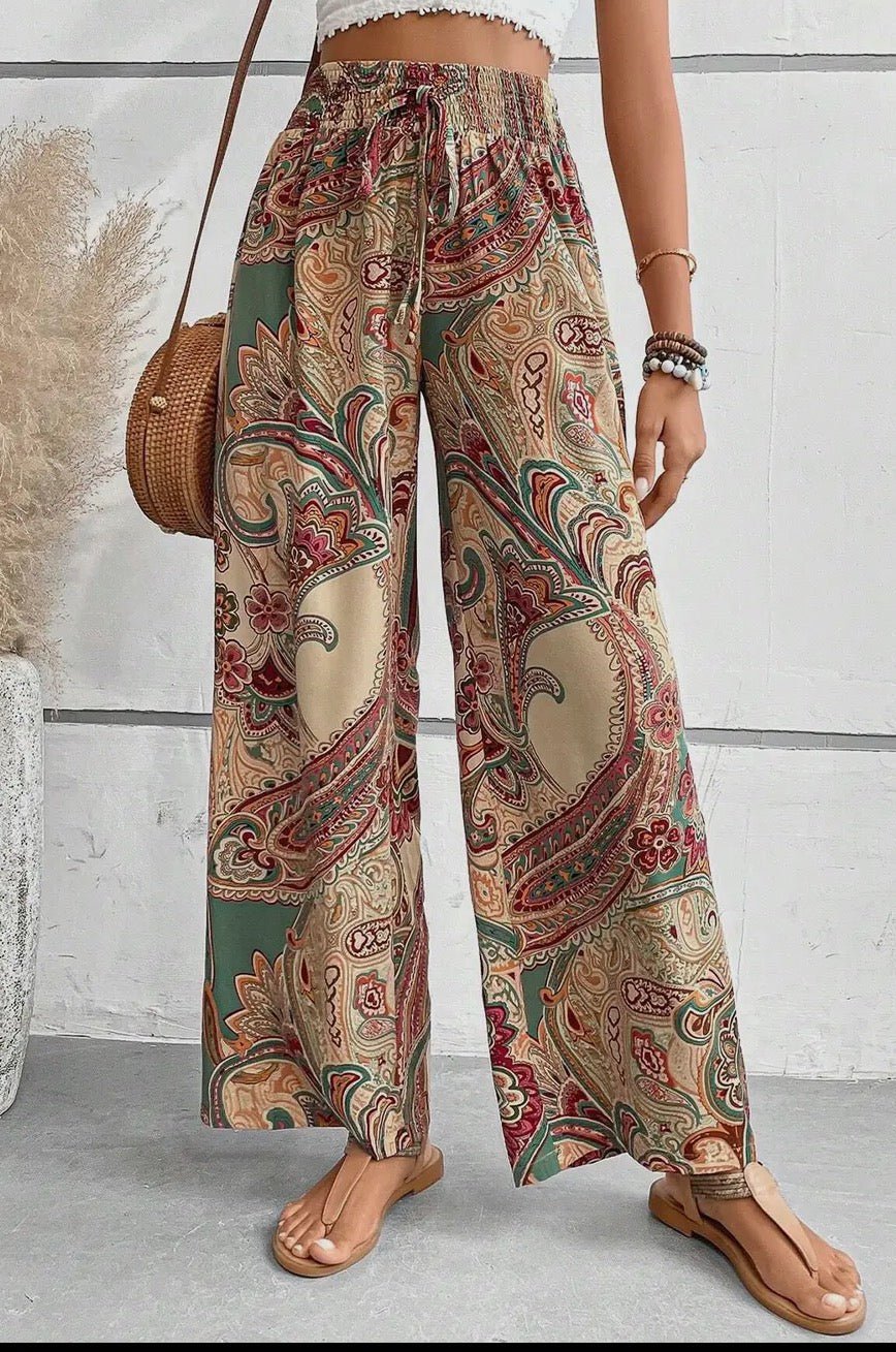 Paisley Print Boho Elastic Waist Wide Leg Pants - Khaki - Blue Sky Fashions & Lingerie
