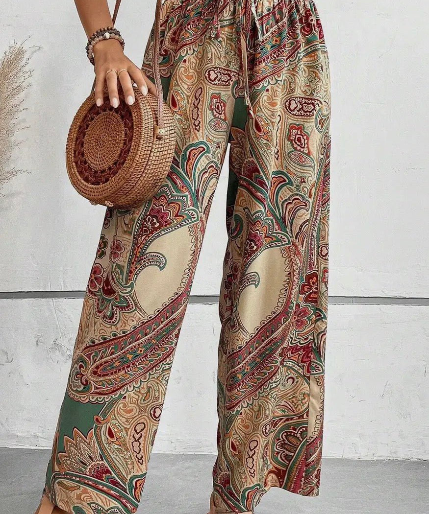 Paisley Print Boho Elastic Waist Wide Leg Pants - Khaki - Blue Sky Fashions & Lingerie
