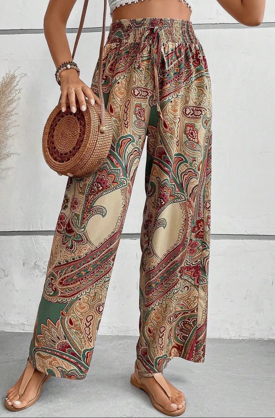 Paisley Print Boho Elastic Waist Wide Leg Pants - Khaki - Blue Sky Fashions & Lingerie