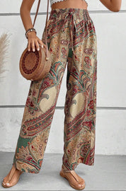 Paisley Print Boho Elastic Waist Wide Leg Pants - Khaki - Blue Sky Fashions & Lingerie