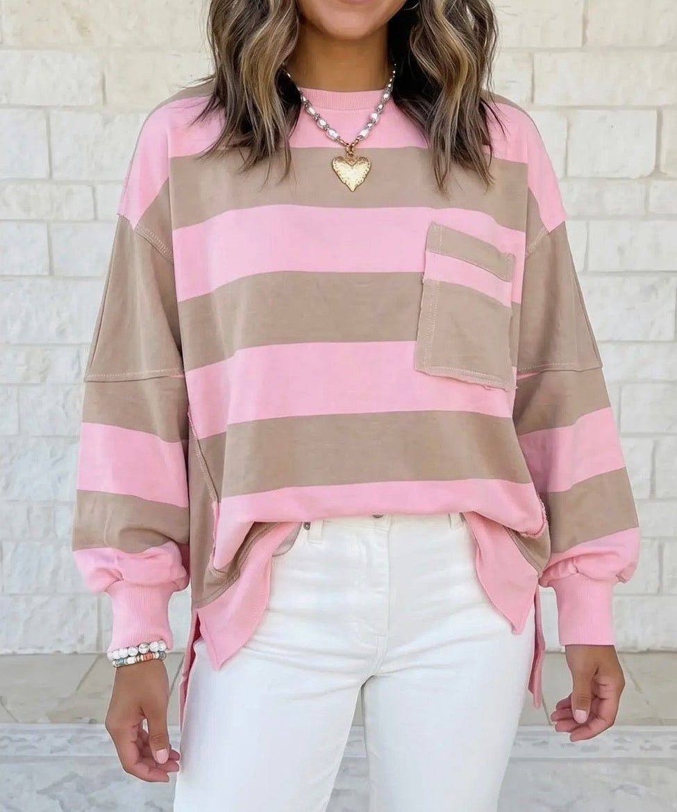 Patch Pocket Split Hem Oversized Long Sleeve Sweatshirt - Blue Sky Fashions & Lingerie