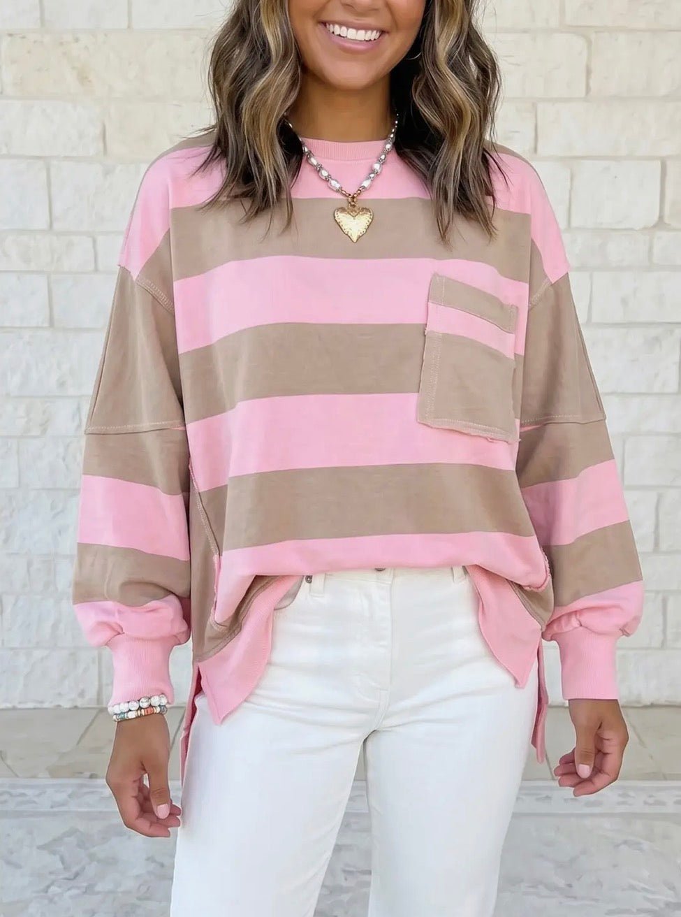 Patch Pocket Split Hem Oversized Long Sleeve Sweatshirt - Blue Sky Fashions & Lingerie