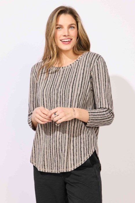 Peruvian Cotton High Lo Striped Seamed Tee E12243 by Escape - Fog - Blue Sky Fashions & Lingerie