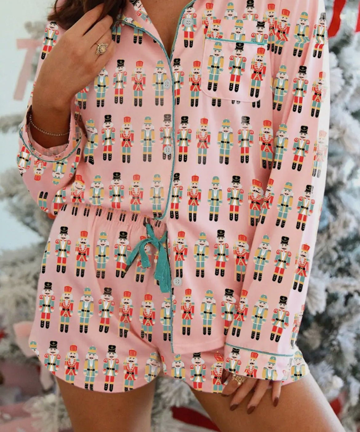 Pink Nutcracker March Long Sleeve Button Up 2pcs Pajama Short Set - Blue Sky Fashions & Lingerie