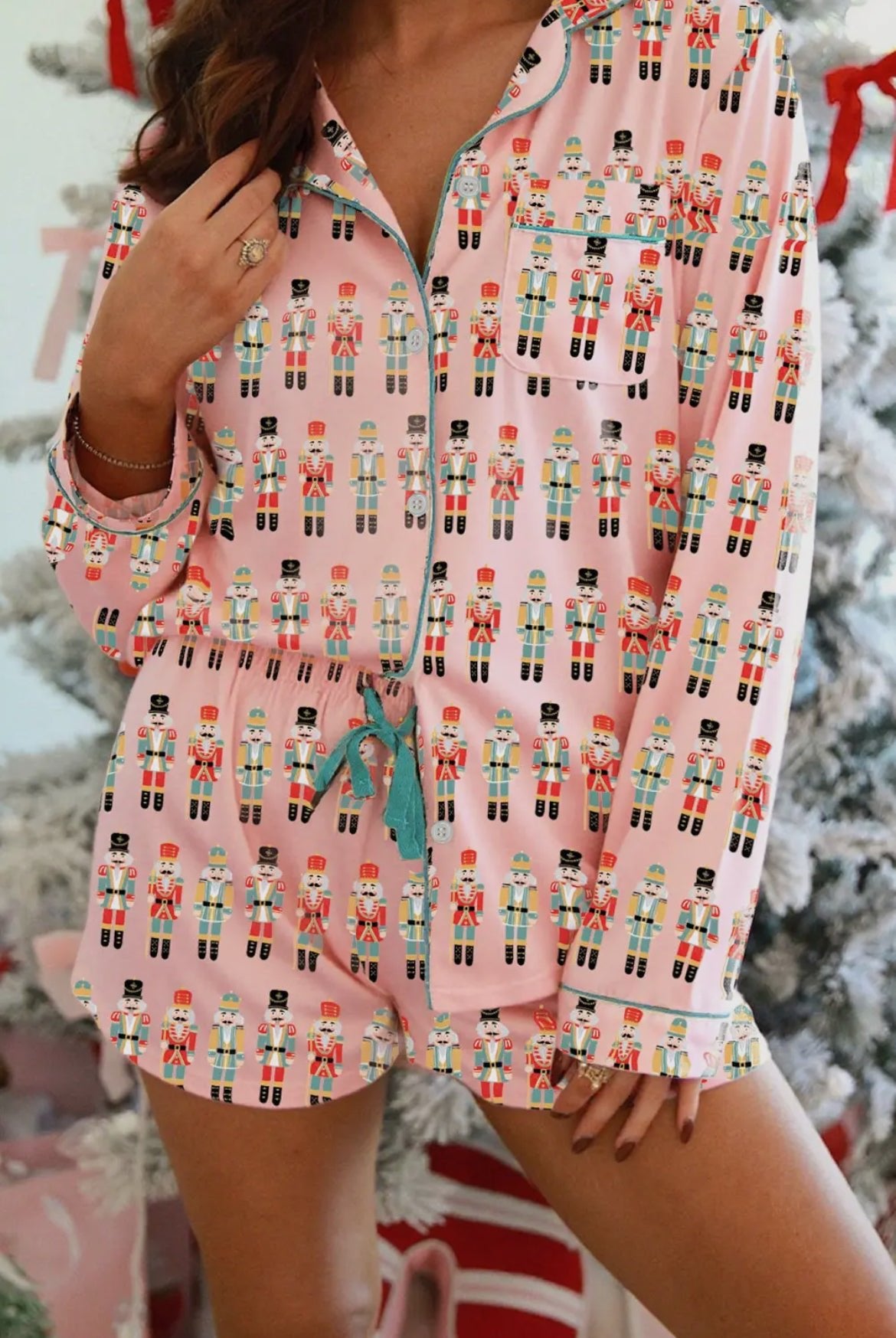 Pink Nutcracker March Long Sleeve Button Up 2pcs Pajama Short Set - Blue Sky Fashions & Lingerie