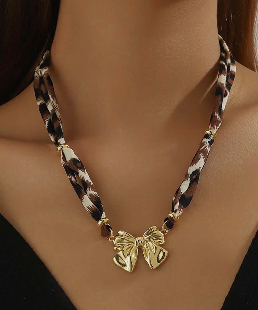 Plated Bow Charm Leopard Ribbon Necklace - Blue Sky Fashions & Lingerie