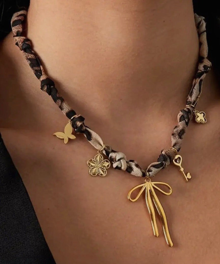 Plated Bow Stainless Steel Pendant Leopard Scarf Necklace - Blue Sky Fashions & Lingerie